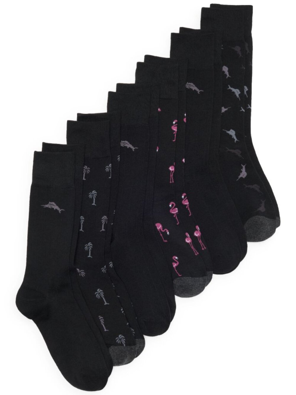 Tommy Bahama 6 Pack Crew Black Socks $82.50 Palms Marlin Pink Flamingos